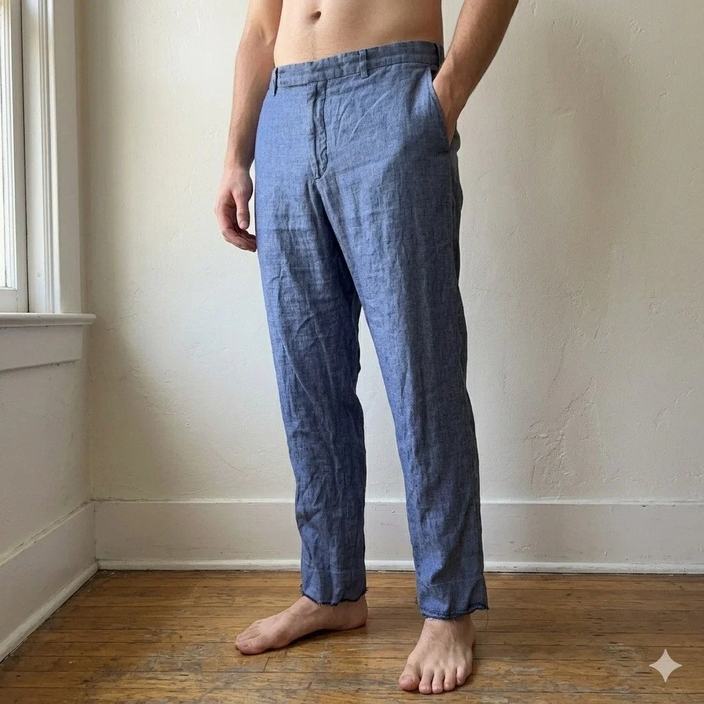 Ermenegildo Zegna Pants Mens 58 Blue 100% Linen Straight Raw Hem Luxury
